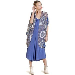 Umgee Short Sleeve Open Front Sheer Scarf Print Kimono - Navy Mix, Sm/Med NEW